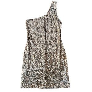 Sequin Silver & Tan One Shoulder Stretchy Mini Dress - Size Medium